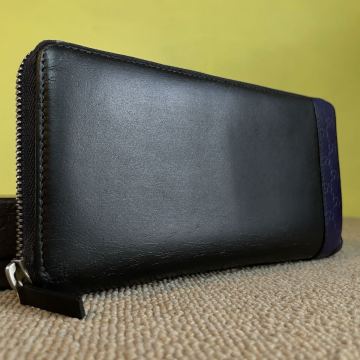一円　美品　 GUCCI グッチ ラウンドファスナー 長財布 ロングウォレット ブラック 財布 黒 ネイビー　レザー　シマレザー