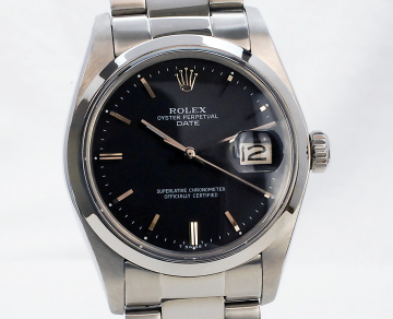 【完成品】2年保証・OH済 ROLEX デイト 34mm Ref.1500 Cal.1570 後期ハック 5番台 マットブラック再生文字盤