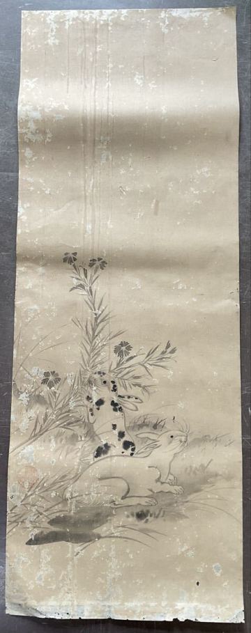 N7 真作 まくり 水墨画 うさぎ 兎 江戸時代中期 絵師・曽我蕭白（そが しょうはく）奇想絵師 落款有り 肉筆 掛軸 時代物