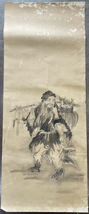 N10 真作 まくり 水墨画 狩猟図 魚 兎 江戸時代中期 絵師・曽我蕭白（そが しょうはく）奇想絵師 落款有り 肉筆 掛軸 時代物