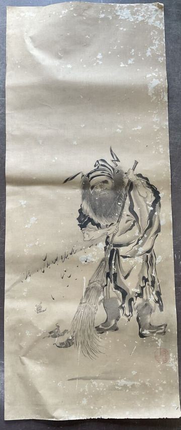 N6 真作 まくり 水墨画 鍾馗 江戸時代中期 絵師・曽我蕭白（そが しょうはく）奇想絵師 落款有り 肉筆 掛軸 時代物