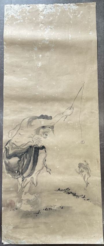 N9 真作 まくり 水墨画 蝦蟇仙人図 江戸時代中期 絵師・曽我蕭白（そが しょうはく）奇想絵師 落款有り 肉筆 掛軸 時代物