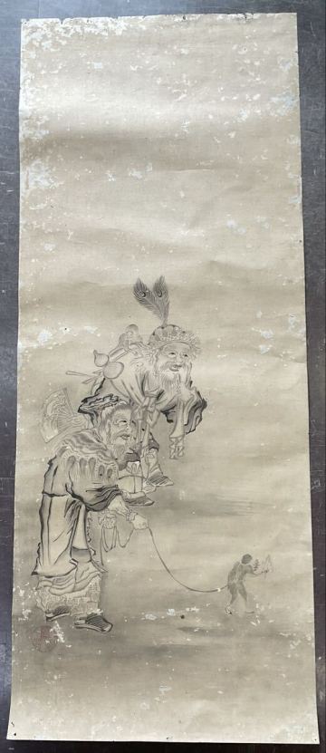 N3 真作 まくり 水墨画 老人と猿 猿長者 瓢箪 寿老 江戸時代中期 絵師・曽我蕭白（そが しょうはく）奇想絵師 落款有り 肉筆 掛軸 時代物