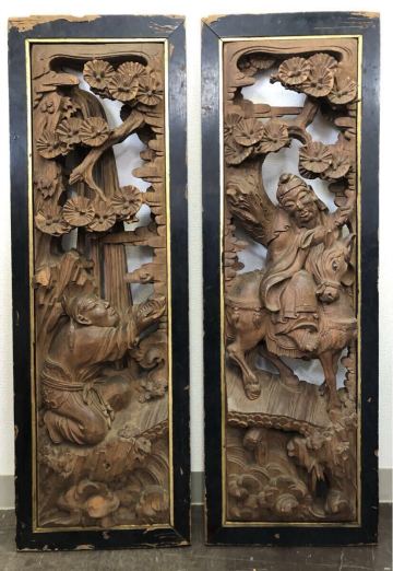 w 古い寺院より 中国美術 木彫 木製 彫刻 欄間 衝立 2枚セット 細密木彫 時代 高さ約98cm