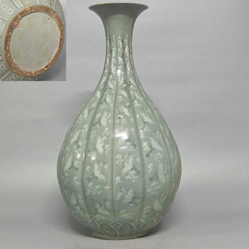 T407朝鮮古美術 朝鮮古陶磁 高麗 李朝 高麗磁 古高麗 李朝 高麗青磁飛鶴玉壺春瓶