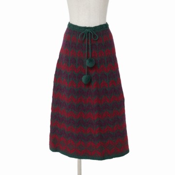 GT1520〇Vintage*フランス製*ジバンシィ GIVENCHY NOUVELLE BOUTIQUE*総柄 ポンポン付き紐 ニットスカート*フレアスカート*S*マルチカラー