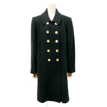 MI8335#イヴサンローラン/Yves Saint Laurent*フランス製生地使用*ウールダブルブレストロングコート*金ボタン*ブラック系*サイズ36