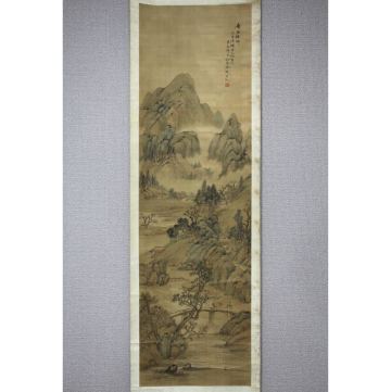 【真作】【風車】 清代 徐錡 「層巒春溪図」◎肉筆絹本◎浙江平湖の人 晩清の詩人 篆刻家 清代画家 徐百梅 乙亥年 1935年重装