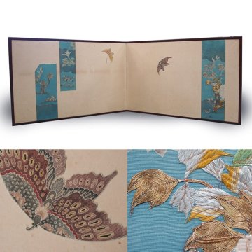 慶應◆江戸時代 正絹浅葱地に錦刺繍 蝶牡丹図 古裂貼交二枚折屏風 風炉先屏風