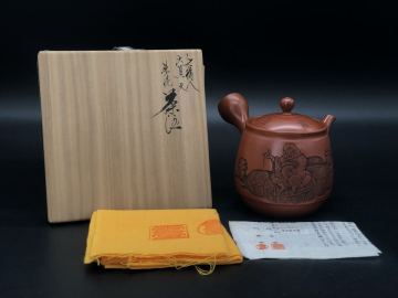 煎茶道具 常滑焼 吉川雪堂 壷堂刻 朱泥 急須 茶注 七福神 大黒天 横手 茶器 茶道具 共箱