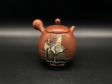 煎茶道具 常滑焼 吉川雪堂 壷堂刻 朱泥 急須 茶注 彩色 大振 七福神 福禄寿 横手急須 茶器 茶道具