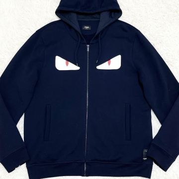 未使用級 XXXL フェンディ FENDI パーカー ジャケット トレーナー バグズモンスター アイ ネイビー 紺 レザー 羊毛 メンズ ジップ ロゴ