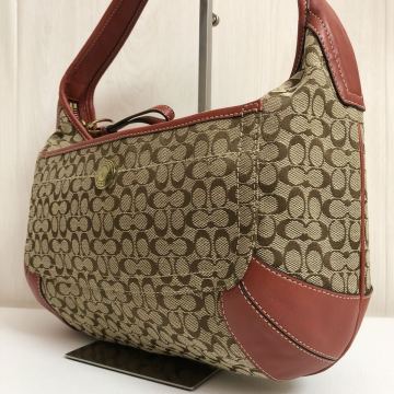 極美品／コーチ COACH ワンショルダーバック ハンドバッグ ボーボー シグネチャー 肩掛け レザー 本革 キャンバス オレンジ系