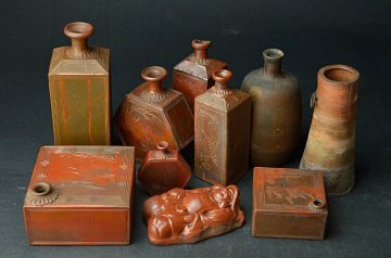 明治時代など古備前四方徳利・瓶・四方水滴・布袋・花瓶などまとめて10点 ★【YB】日本窯印古玩骨董YB