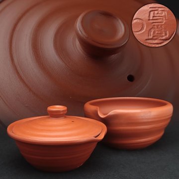 FF696 【名工 吉川雪堂 作】常滑焼 朱泥 宝瓶・湯冷まし 二点一組・常滑急須・茶注 茶具 茶器 煎茶道具
