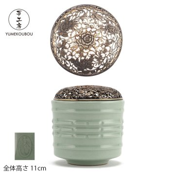 【夢工房】帝室技芸員 初代 諏訪 蘇山 造 青磁 算木 香炉 銀鍍金 牡丹 唐草透 火舎　火舎重量79g 銀純度80.51%　AG-019