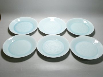 030237 人間国宝 塚本快示 快山窯 青白磁 絵変り 皿 六客 直径22.8cm