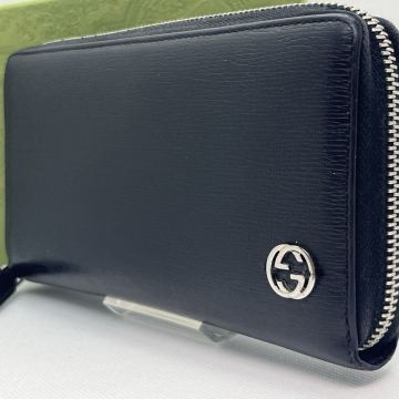 美品■ GUCCI グッチ メンズ ビジネス 長財布 ラウンドファスナー インターロッキング GGロゴ レザー 本革 銀ロゴ ブラック 黒 小銭入れ