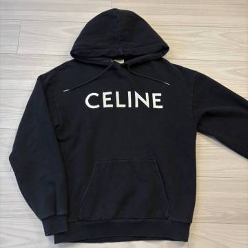 32『現行タグ・最高峰』 CELINE セリーヌ メンズ ビッグロゴ プリント プルオーバー パーカー スウェット ブラック 黒 S