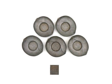 R8124 源興號造 錫製 葉形 茶托 5客 重さ約291g 錫器 在銘 刻印 茶器 茶道具 古美術 時代物 金属工芸 煎茶道具 鉄瓶 