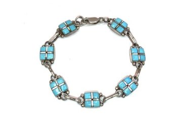 ブレスレット 925 Silver ターコイズ ズニ族 スクエア クロス デザイン インディアン カジュアル/シルバー&times;ブルー/訳有/1円スタート/AY