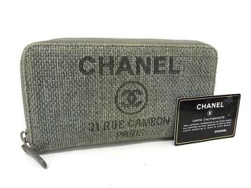1円 CHANEL シャネル ドーヴィル ココマーク キャンバス ラウンドファスナー 長財布 ウォレット 小銭入れ 札入れ グレー系 FS9372