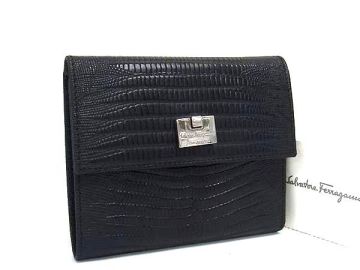 1円 ■美品■ Salvatore Ferragamo フェラガモ リザード型押しレザー 三つ折り 財布 ウォレット 札入れ カード入れ ブラック系 FS9683