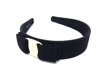 1円 ■極美品■ Salvatore Ferragamo フェラガモ ヴァラリボン キャンバス カチューシャ ヘアアクセサリー レディース ブラック系 FT7936