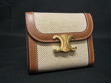 1円 ■美品■ CELINE セリーヌ トリオンフ キャンバス&times;レザー 三つ折り 財布 ウォレット 札入れ 小銭入れ ベージュ系&times;ブラウン系 FS9953