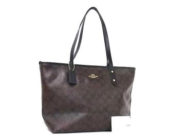 1円 COACH コーチ F58292 シグネチャー PVC&times;レザー トートバッグ ショルダー 肩掛けかばん レディース ブラウン系 FS9481