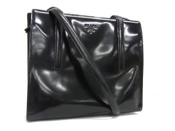 1円 ■美品■ PRADA プラダ パテントレザー トートバッグ ショルダーバッグ 肩掛け レディース ブラック系 BN9117