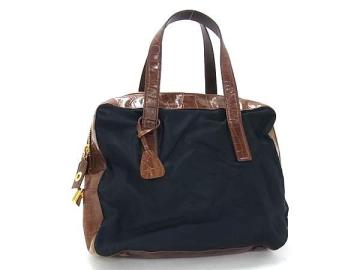 1円 ■美品■ PRADA プラダ テスートナイロン&times;クロコダイル型押しレザー ハンドバッグ トートバッグ ネイビー系&times;ブラウン系 BN9169