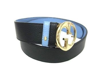 1円 ■美品■ GUCCI グッチ レザー リバーシブル ゴールド金具 ベルト サイズ 80・32 レディース ブラック系 ライトブルー系 FW2309