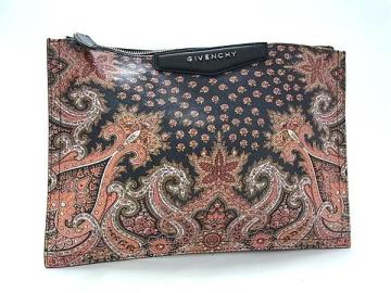 1円 ■新品同様■ GIVENCHY ジバンシィ レザー ペイズリー柄 クラッチバッグ セカンドバッグ レディース ブラック系&times;オレンジ系 FM4304