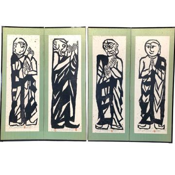 猫夢◆ 棟方志功 「二菩薩釈迦十大弟子」 4枚 木版画 直筆サイン [R92]UP