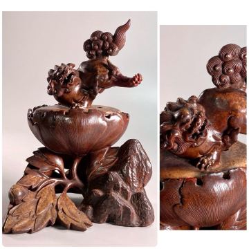 猫夢◆ 金重陶陽 備前焼 獅子摘牡丹形香炉 25.5cm 分銅印 箱付 唐物 骨董 [R206]QT