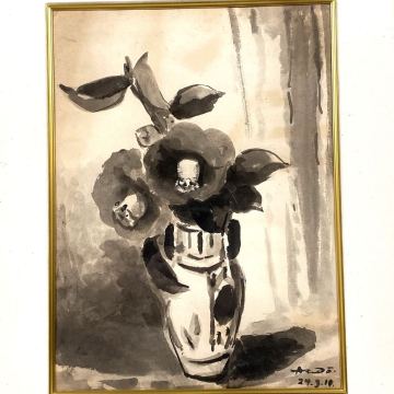 猫夢◆ 真作 安藤義茂 「椿」 肉筆日本画4号 水墨画 [R265]V