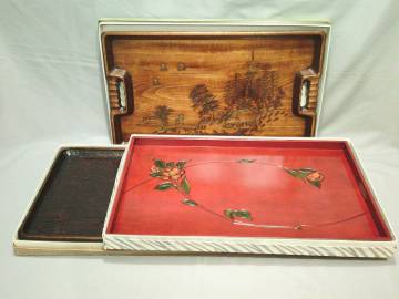 △「長方盆 三点組・刳り貫き山水図彫・高岡花文・刳り貫き鑿彫」紙箱　漆器△日光彫 高岡漆器 讃岐彫 長盆 運盆 飾り盆　