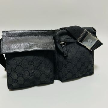 1円 GUCCI グッチ GGキャンバス レザー ボディバッグ 斜め掛け ウエストポーチ ブラック 正規品本物　