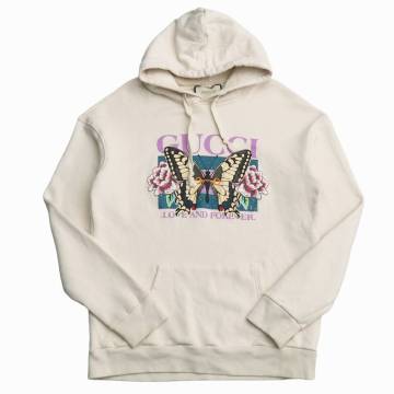 GT1294▽グッチ/GUCCI/メンズL/ロゴ/LOVE AND FOREVER/バタフライ/蝶プリント/スウェットプルオーバーパーカー/フーディー/アイボリー系