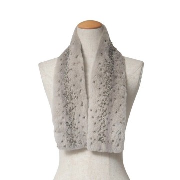 GT1468▼VALENTINO ヴァレンティノ リアルファー ティペット ストール マフラー ビーズ装飾 グレー系