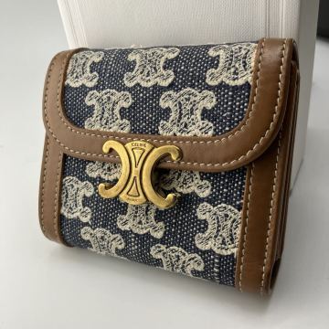 極美品 希少 セリーヌ 折り財布 トリオンフ エンブロイダリー デニム PVC