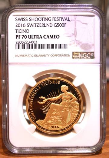 スイス 現代射撃祭 2016年 500フラン金貨 ：TICINO/NGC/PF70：中古（目立った傷や汚れなし）