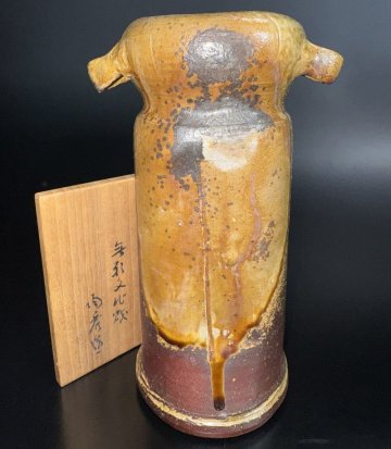【江】備前焼 人間国宝 山本陶秀 窯変玉垂れ双耳花入 高さ25.5cm 陶印 共箱 古美術品(花器花瓶花生飾壺)XZ1426 CTkghh DBncro