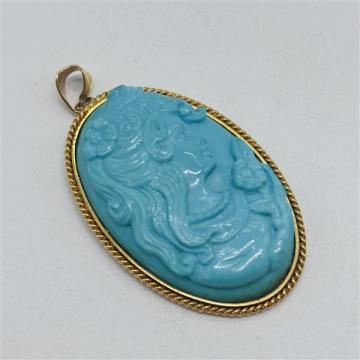 K18 留め具 ターコイズ カメオ ネックレストップ 総重量 8.2ｇ 縦:約37.4mm 横:約30mm レア 工芸 ブローチ トップ ペンダント 1円 19029