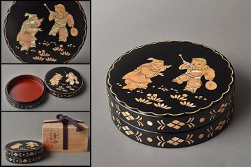 k766【和み】茶道具　細川司光　青貝入唐子香合　検 茶道具煎茶道具中国古玩台湾煎茶民藝美術品李朝高麗新羅清朝書道具