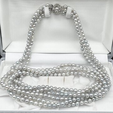 1円 アコヤ真珠 約6mm-5mm 76cm ネックレス Silver 照り強 本真珠 Pearl necklace 3連