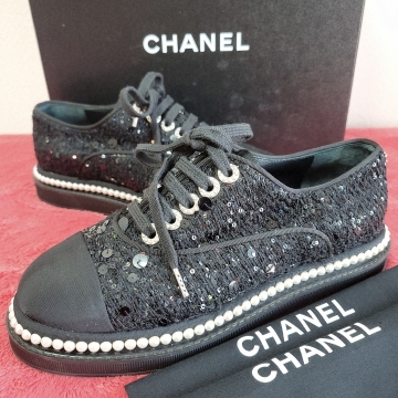 未使用品級 CHANEL シャネル ツイード　スパンコール パール ローカット スニーカー シューズ サイズ35 1/2 CCロゴ ココマーク イタリア製 