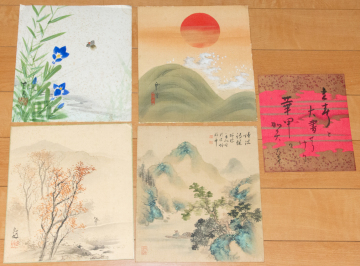 【真作】肉筆 色紙 5枚 蛍 日の出 波 山水 画賛 茶道具 絵画 日本画