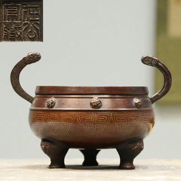 ■観心・時代旧蔵■H8506清時代 紫銅錯銀 官帽耳香炉 細密細工★古置物★古賞物★古擺件★蒐集家放出★唐物